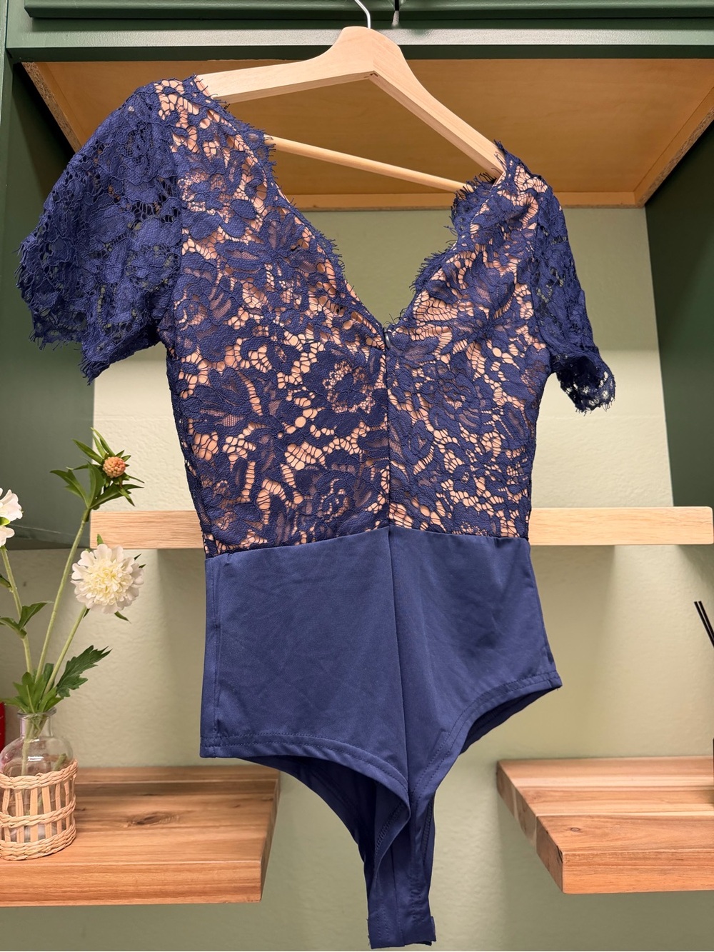 Karen Millen Navy Lace Short Sleeve Bodysuit